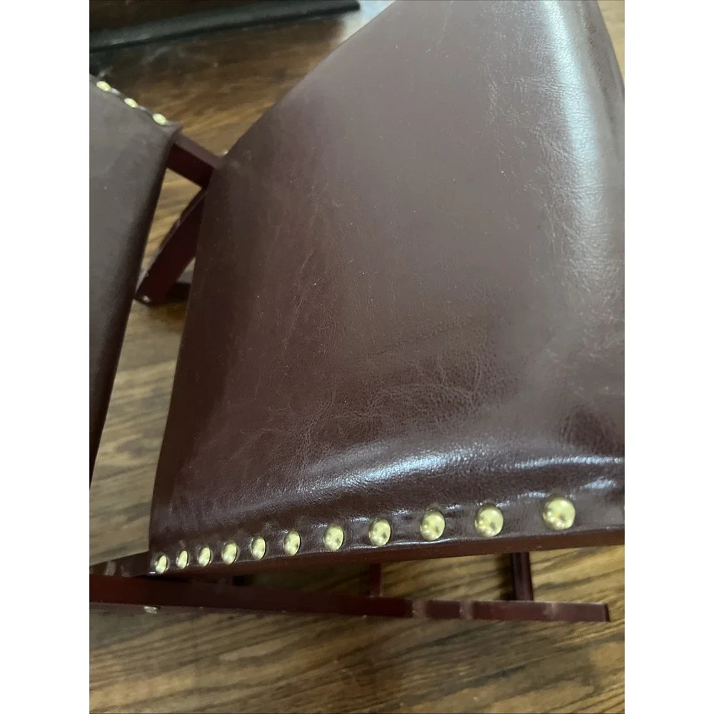 Antique Folding Gout Stool With Red Leather Adjustable Heights
